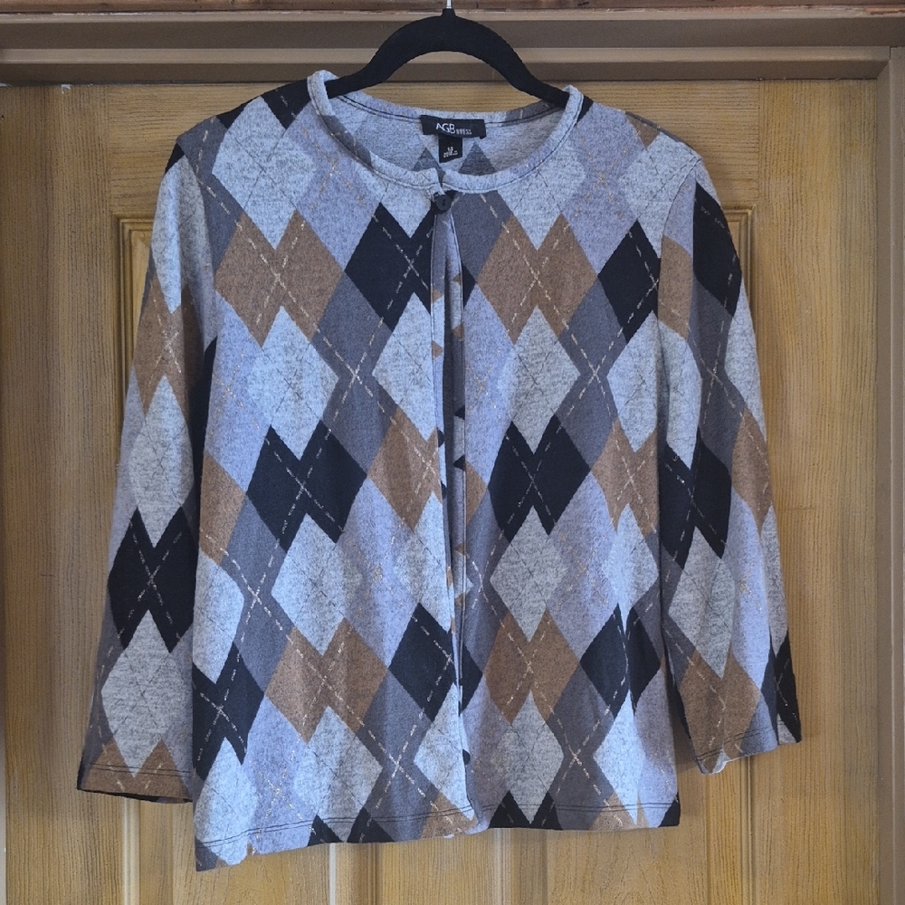 AGB Argyle 1 Button Cardigan in Gray  Tan Black Metalic Gold Design Size 14 Soft